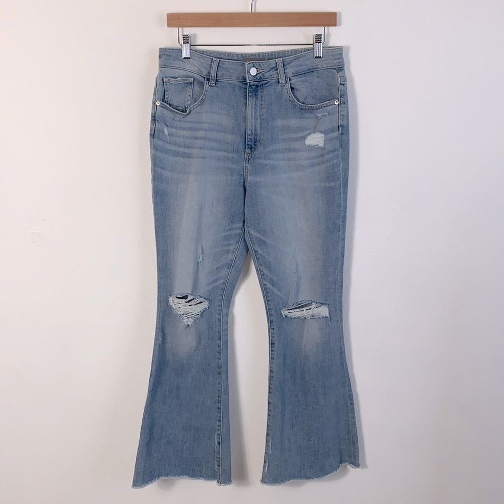 DL1961 Wallace High Rise Cropped Distressed Raw Hem Flare Jeans Fargo Sz 30